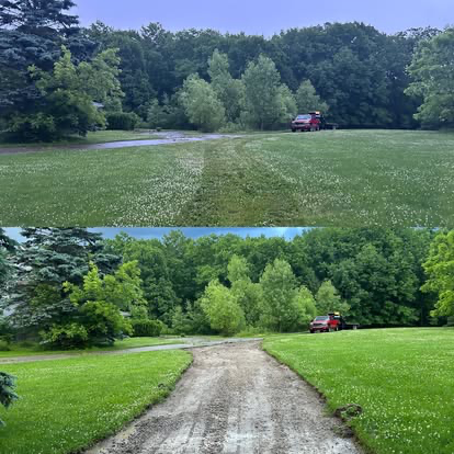 Before and after of a private driveway installed through a grassy field
