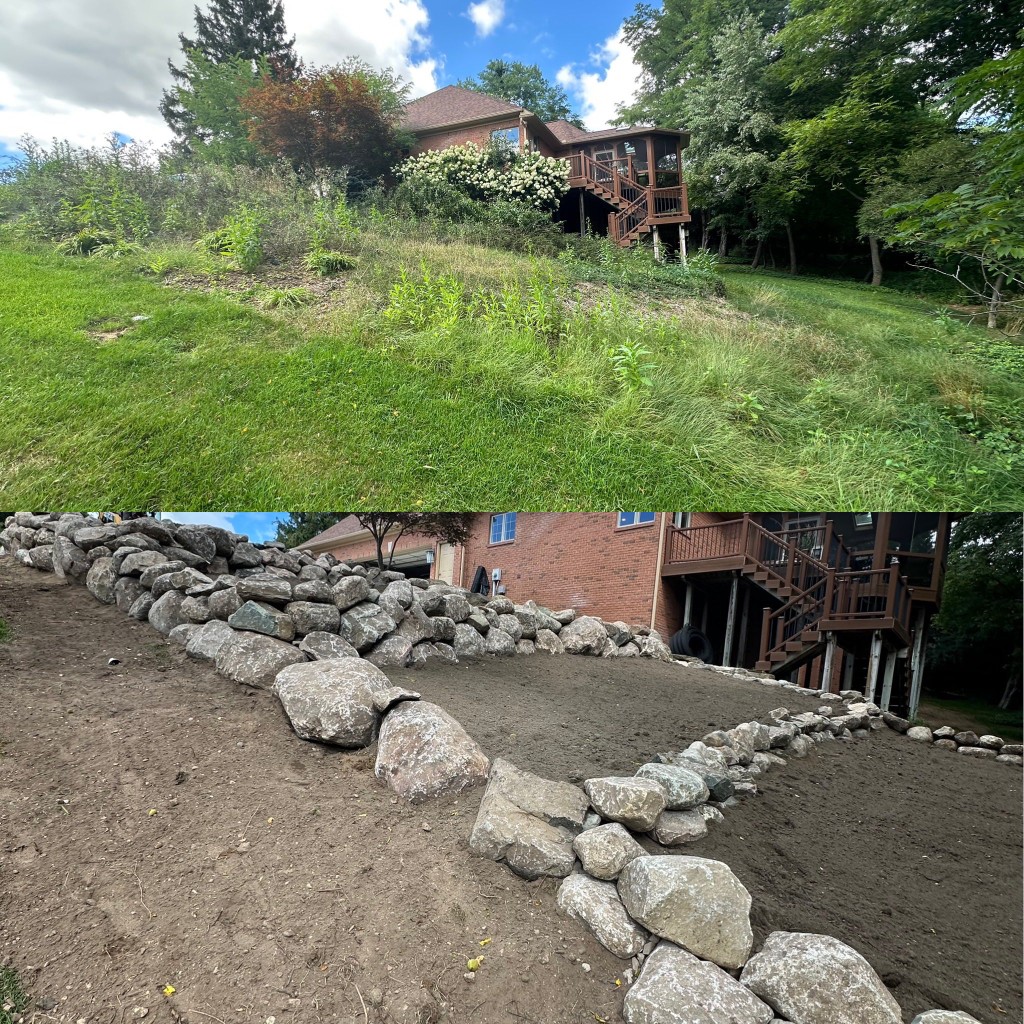 Before and after of an overgrown hillside transformed with retaining walls and grading